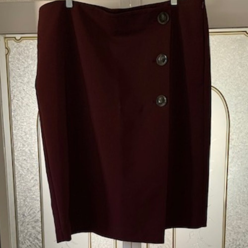 Ann Taylor Factory Burgundy Three-Button Faux Wrap Skirt
